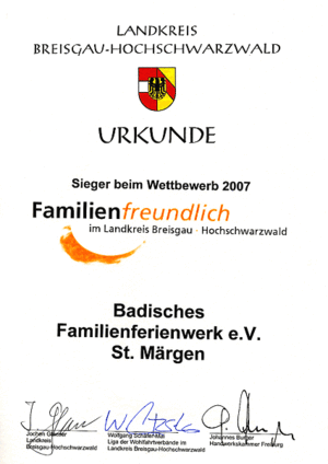 Sieger im Wettberwerb 'Familienfreundlich' des LK Breisgau- Hochschwarzwald. Sieger im Wettberwerb 'Familienfreundlich' des LK Breisgau- Hochschwarzwald.